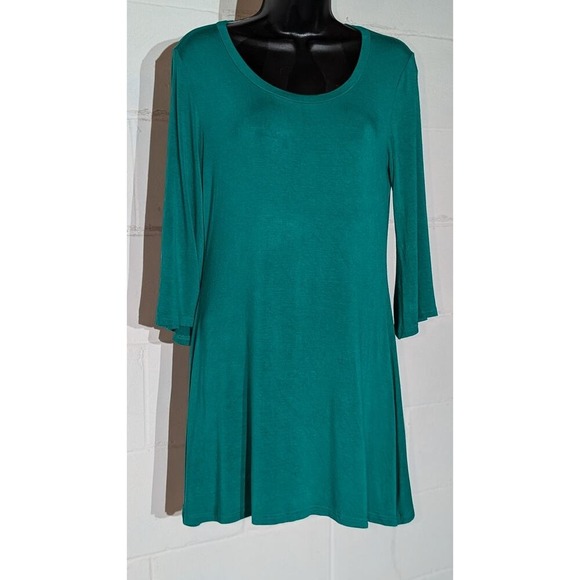 Trendy United Green Tunic Dress 3/4 Sleeve Scoop Neck Flare Swing Medium - Picture 2 of 5